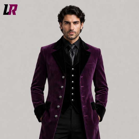 Close-up of men's purple velvet Gothic Victorian tailcoat suit featuring luxurious velvet fabric and premium tailoring