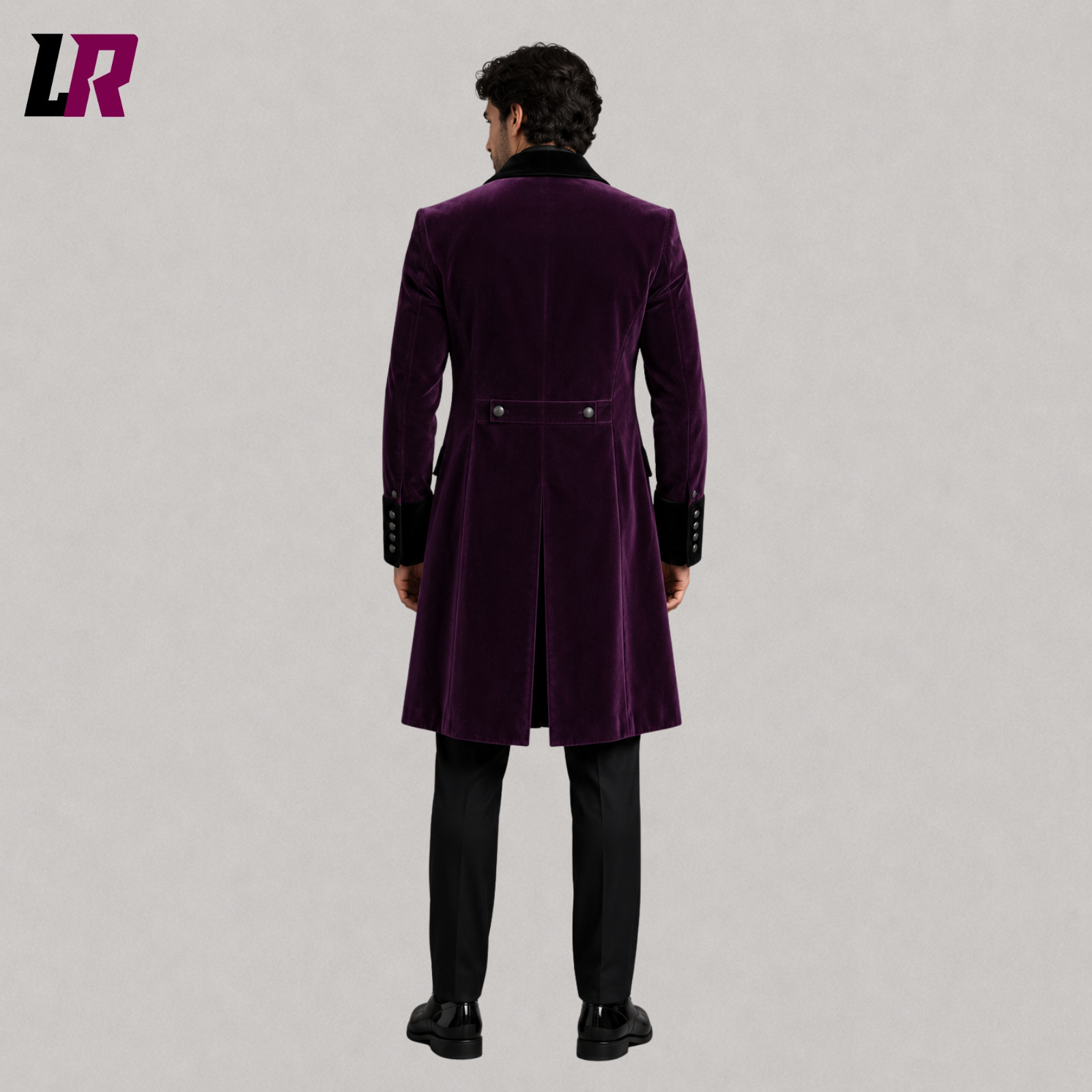 Back view of men's purple velvet Victorian tailcoat suit showing the elegant long coat silhouette