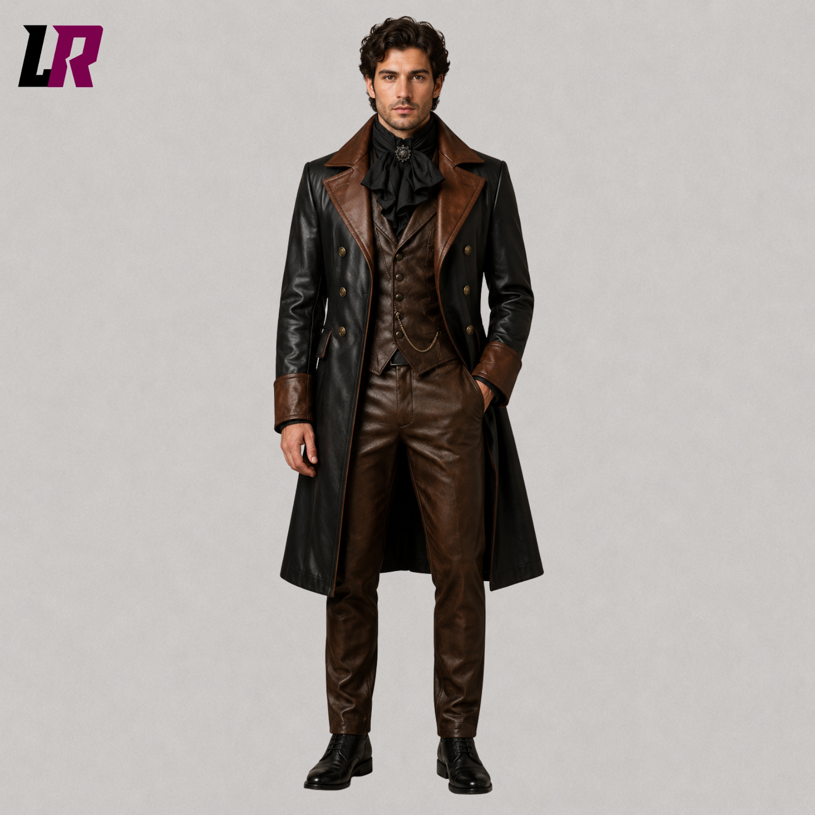 Front view of men's Victorian Gothic leather 3-piece tailcoat suit with matching waistcoat and tailored trousers