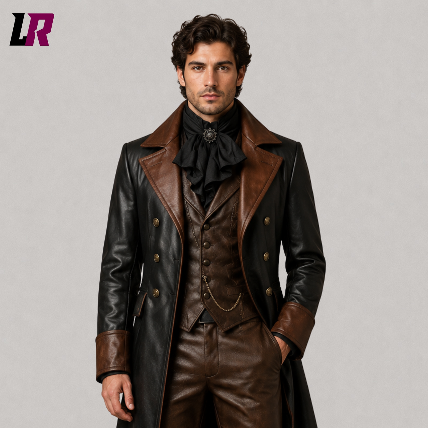 Close-up of men's genuine leather Victorian Gothic tailcoat suit featuring premium leather craftsmanship and elegant detailing