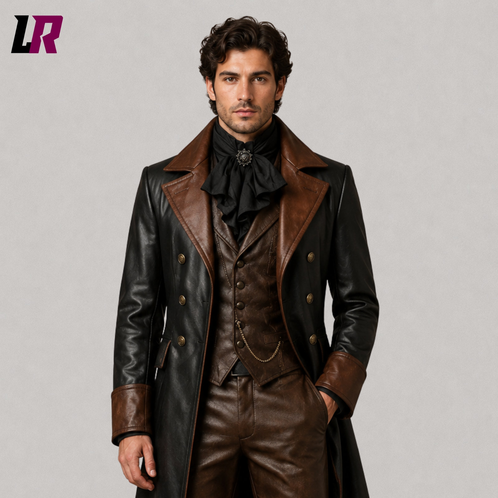Close-up of men's genuine leather Victorian Gothic tailcoat suit featuring premium leather craftsmanship and elegant detailing