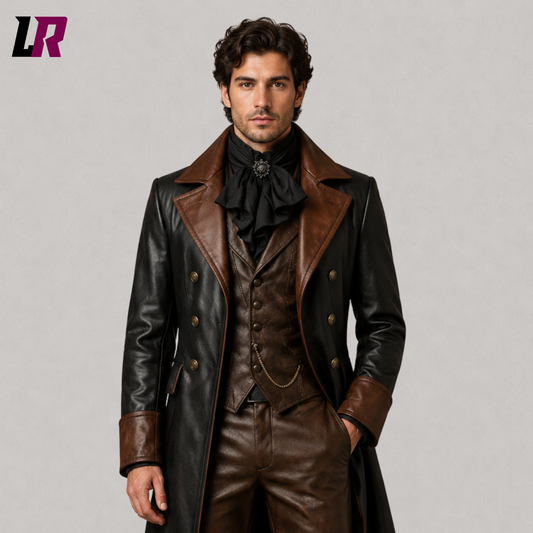 Close-up of men's genuine leather Victorian Gothic tailcoat suit featuring premium leather craftsmanship and elegant detailing