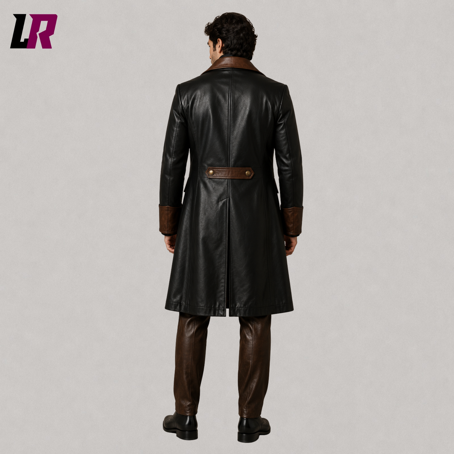 Back view of men's Victorian genuine leather tailcoat suit showing the elegant long coat silhouette