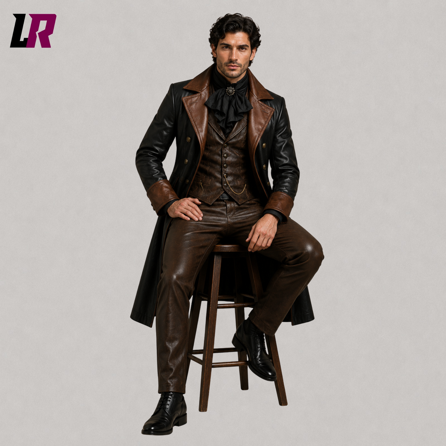Man sitting on a stool wearing a Victorian genuine leather Gothic tailcoat suit for weddings and formal occasions