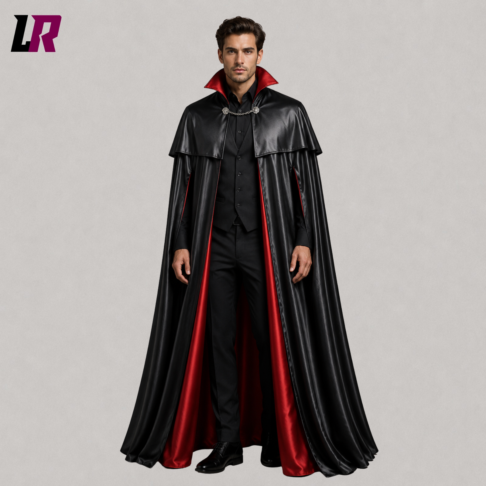 Front view of men's full-length Victorian Gothic vampire cape with dramatic flowing cloak design