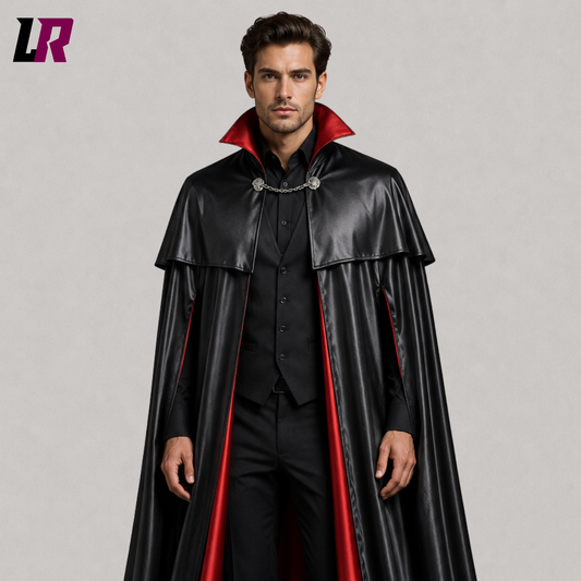Close-up of men's Gothic vampire cape featuring premium handcrafted fabric and elegant Victorian detailing