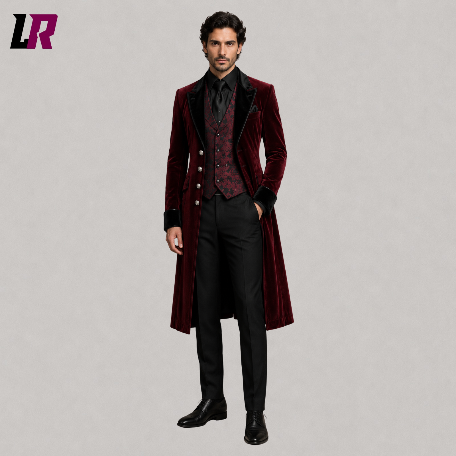 Front view of men's burgundy velvet Victorian Gothic 3-piece tailcoat suit with matching waistcoat and tailored trousers