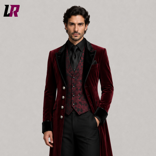 Close-up of men's burgundy velvet Victorian tailcoat suit featuring luxurious velvet fabric and premium tailoring