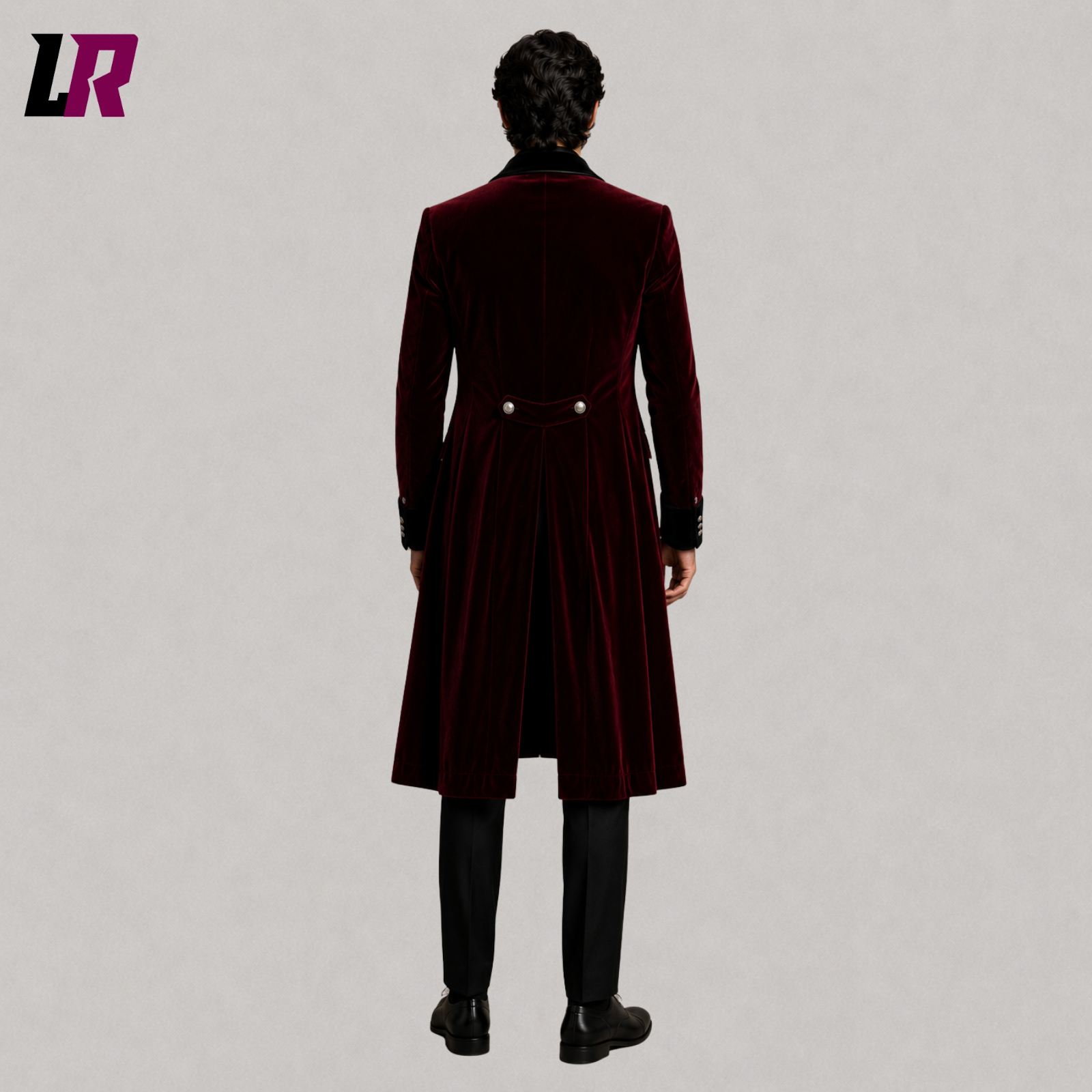Back view of men's burgundy velvet Victorian tailcoat suit showing the elegant long coat silhouette