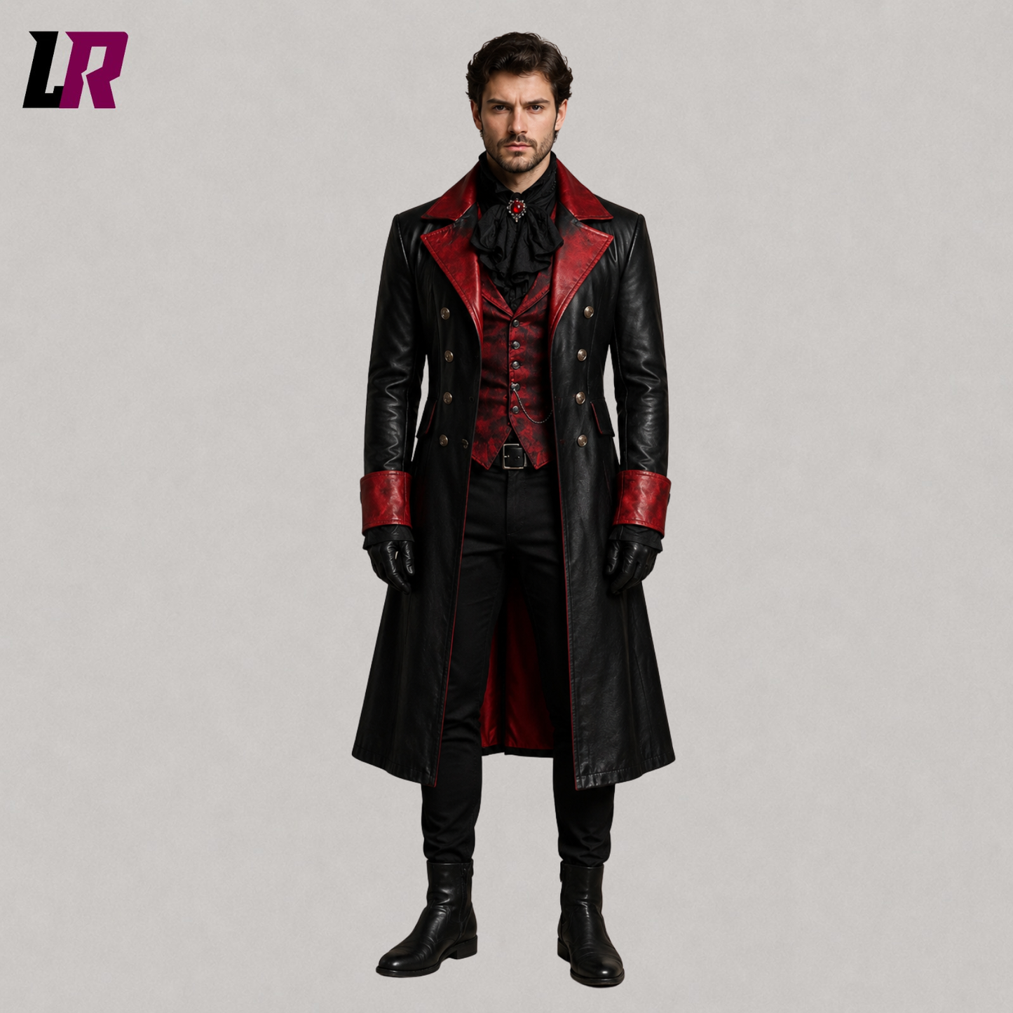 Front view of men's black and red Victorian Gothic leather tailcoat with steampunk-inspired long coat design