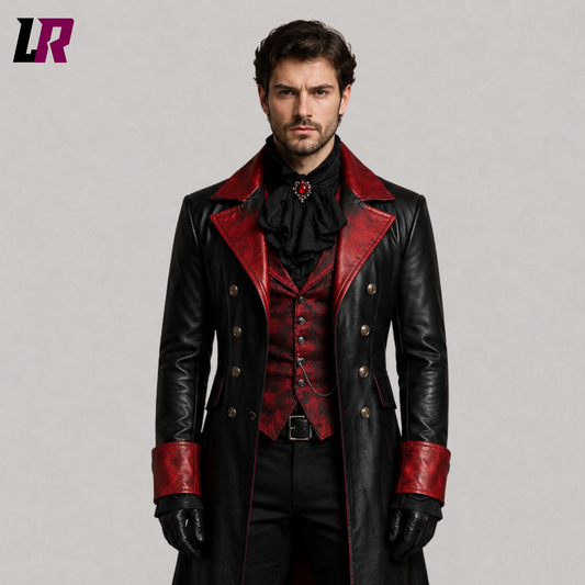 Close-up of men's black and red Gothic Victorian leather tailcoat featuring premium genuine leather and handcrafted detailing