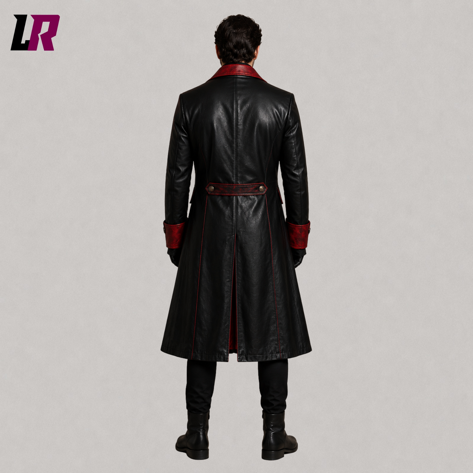 Back view of men's black and red genuine leather Victorian tailcoat showing the elegant full-length silhouette