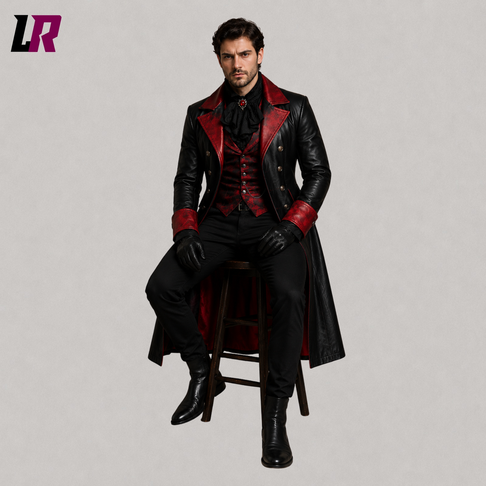 Man sitting on a stool wearing a black and red Gothic Victorian leather tailcoat for cosplay and formal occasions