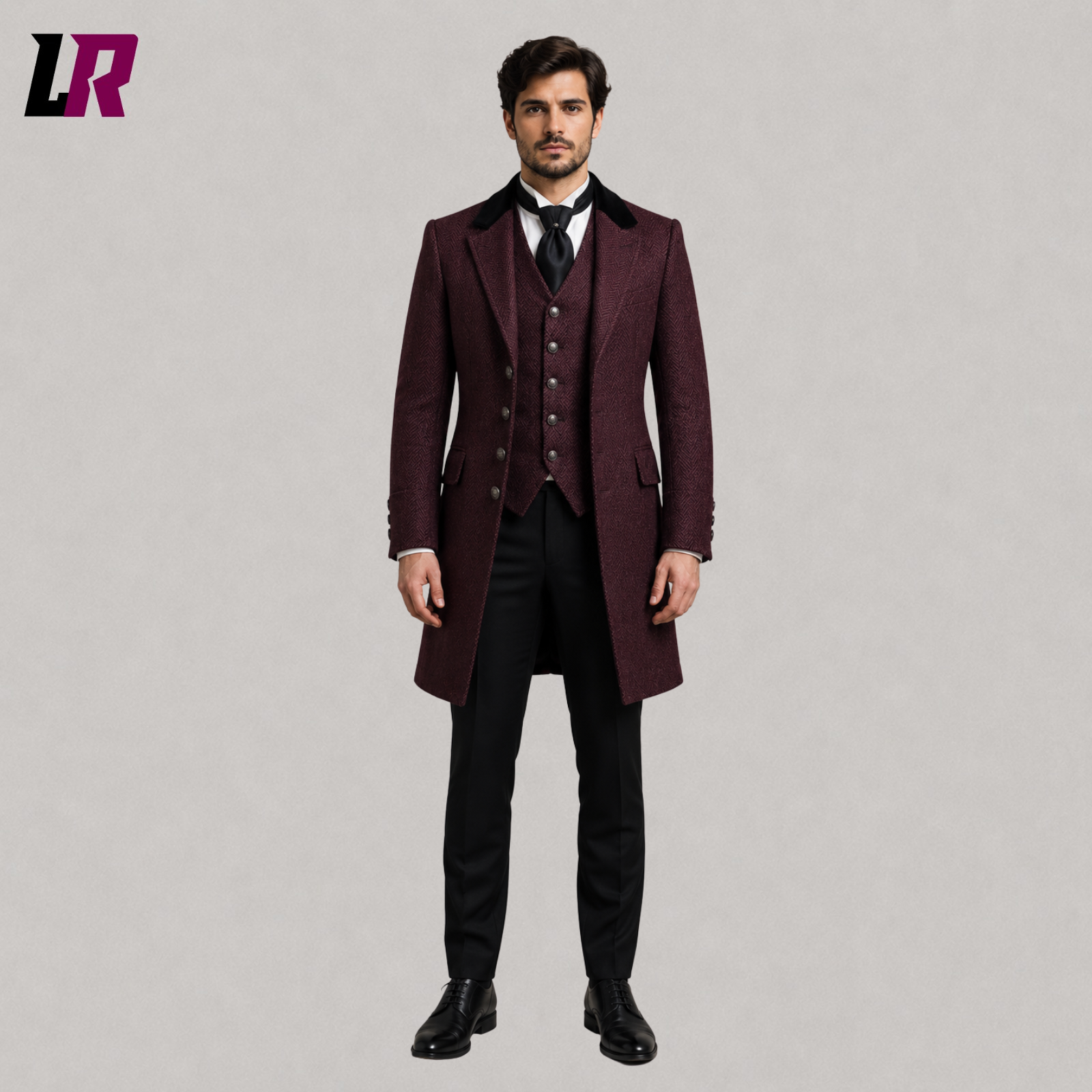 Front view of men's burgundy herringbone Victorian 3-piece frock coat suit with matching waistcoat and tailored trousers