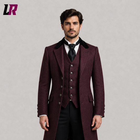 Close-up of men's burgundy herringbone Victorian frock coat suit featuring premium textured fabric and tailored craftsmanship