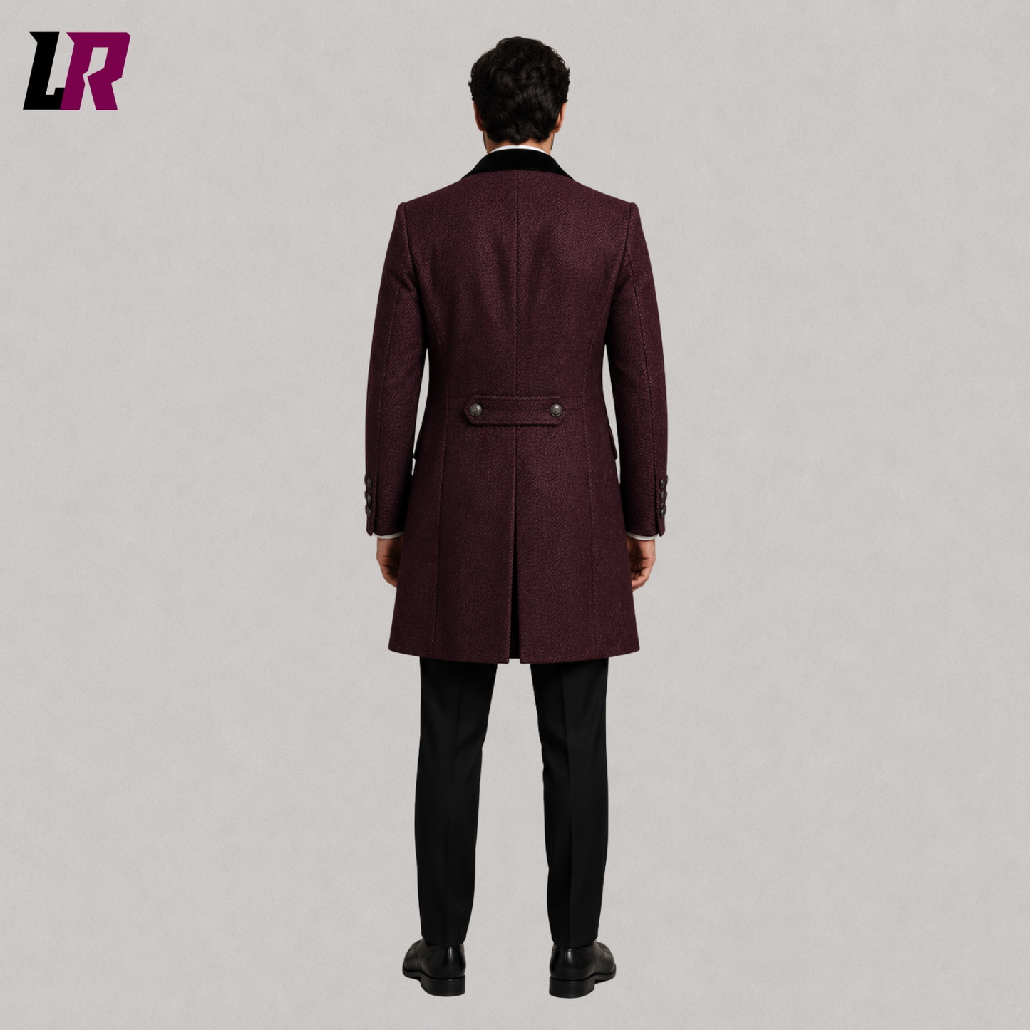 Back view of men's burgundy herringbone Regency frock coat suit showing the elegant long tailored silhouette