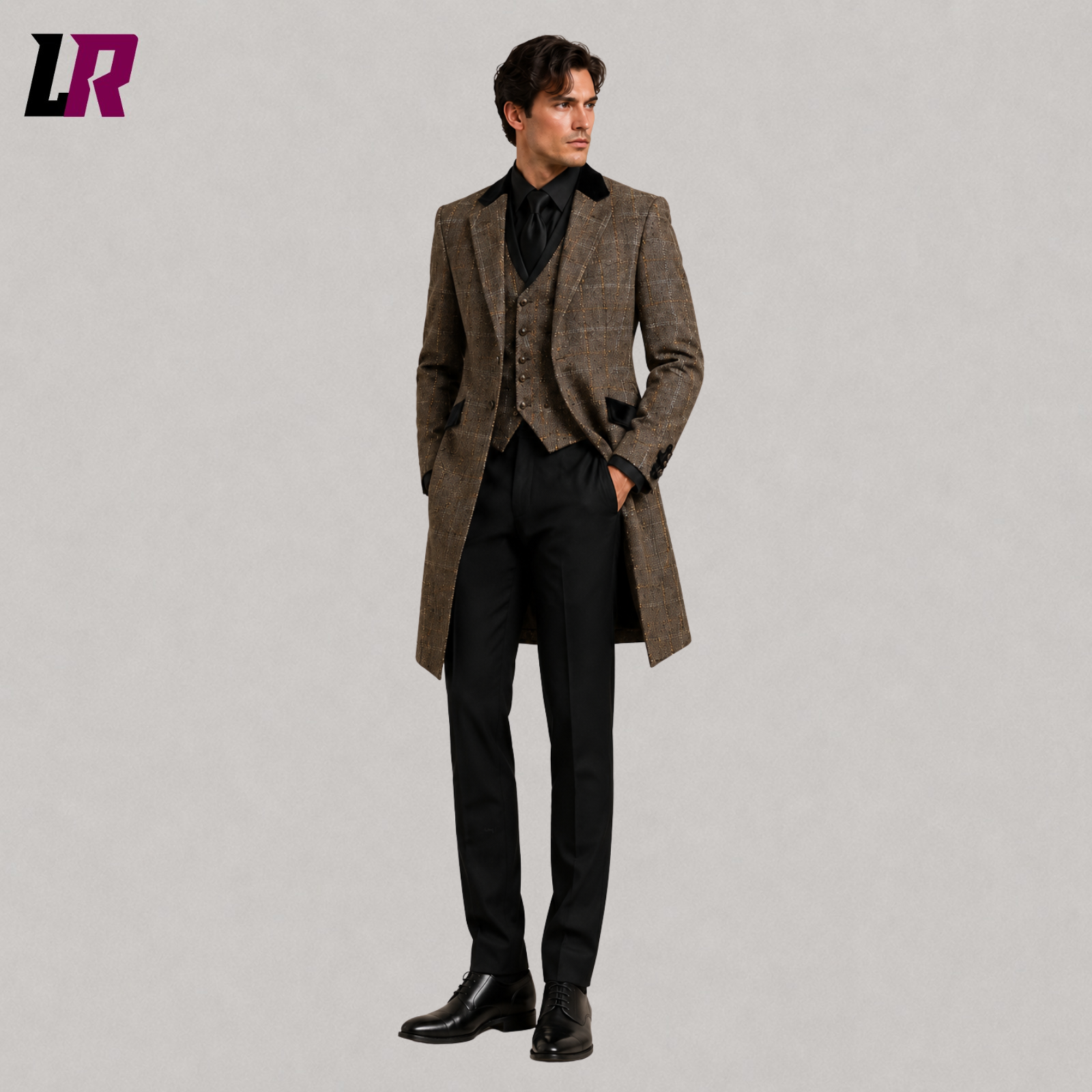 Front view of men's brown plaid Regency Victorian 3-piece tailcoat suit with matching waistcoat and tailored trousers
