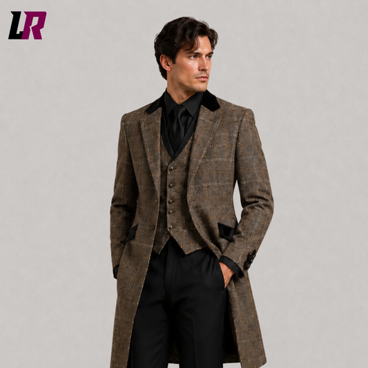 Close-up of men's brown plaid Regency Victorian tailcoat suit featuring premium fabric and handcrafted tailoring
