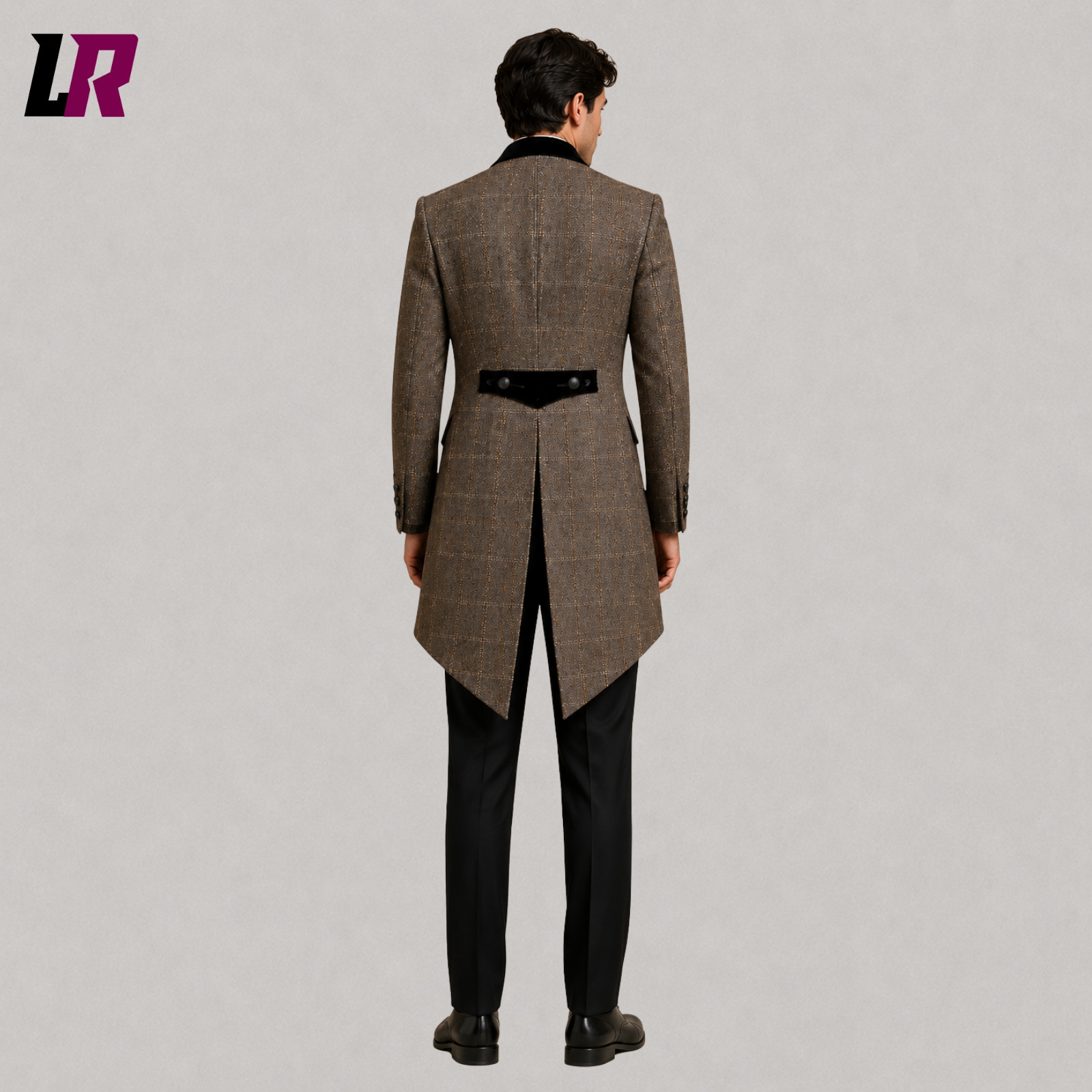 Back view of men's brown plaid Victorian frock coat suit showing the elegant long tailored silhouette