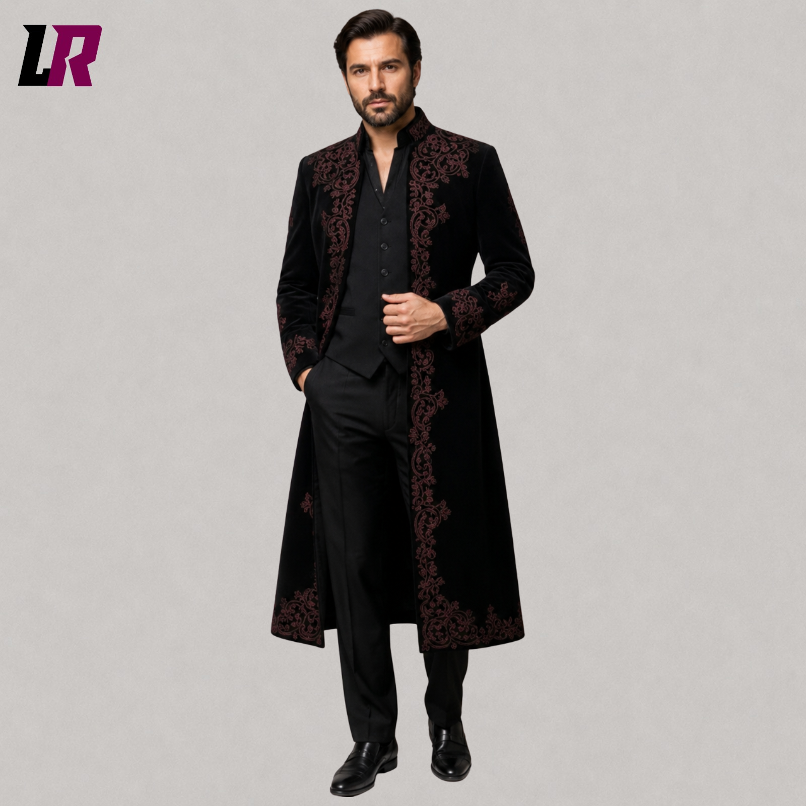 Front view of men's black velvet Gothic Victorian 3-piece embroidered suit with matching waistcoat and tailored trousers