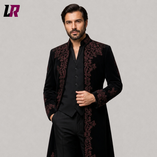 Close-up of men's black velvet Gothic Victorian embroidered tailcoat suit featuring luxurious velvet fabric and premium handcrafted detailing