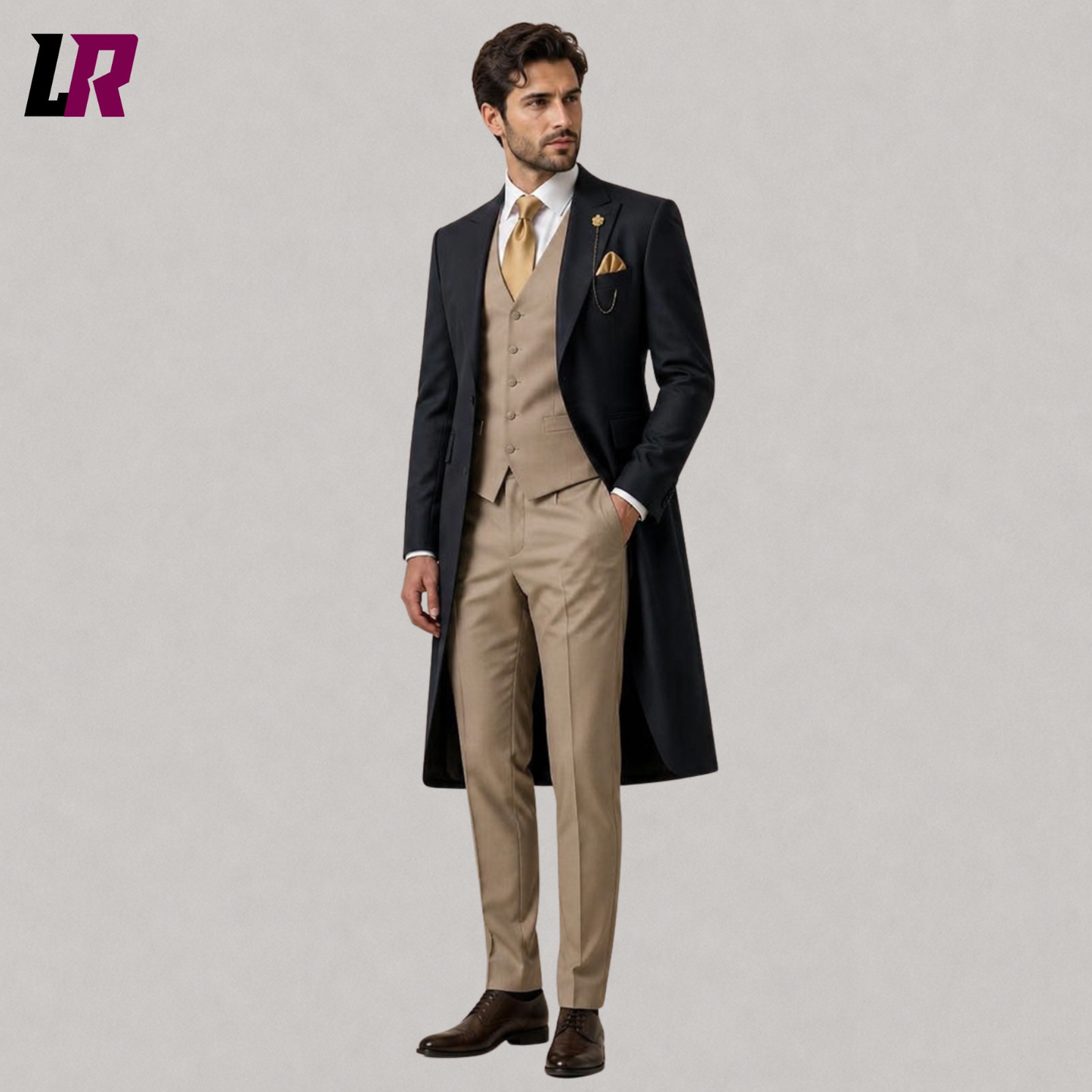 Front view of men's charcoal Victorian Regency 3-piece tailcoat suit with matching waistcoat and tailored trousers