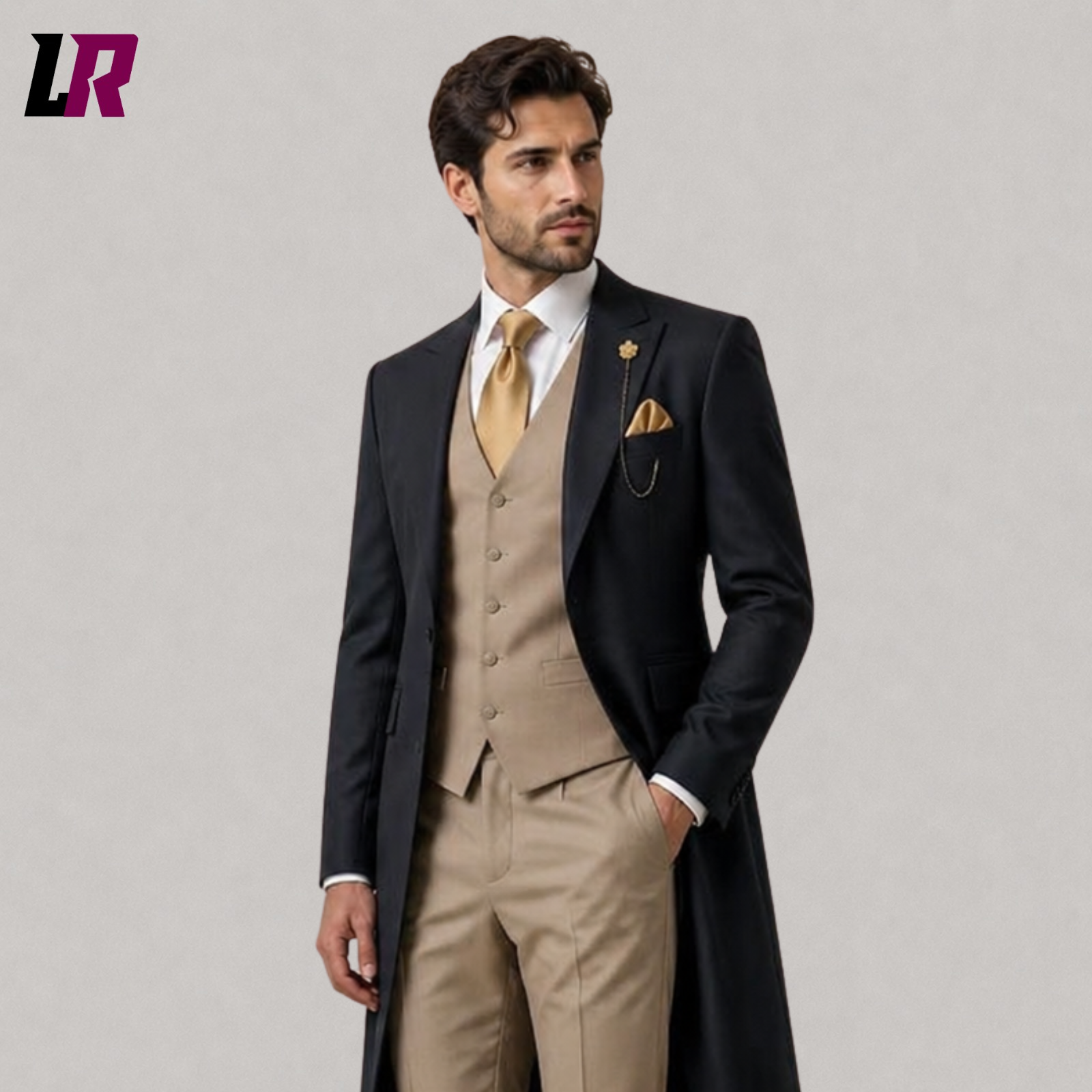 Close-up of men's charcoal Victorian tailcoat suit featuring premium tailoring and elegant formal detailing