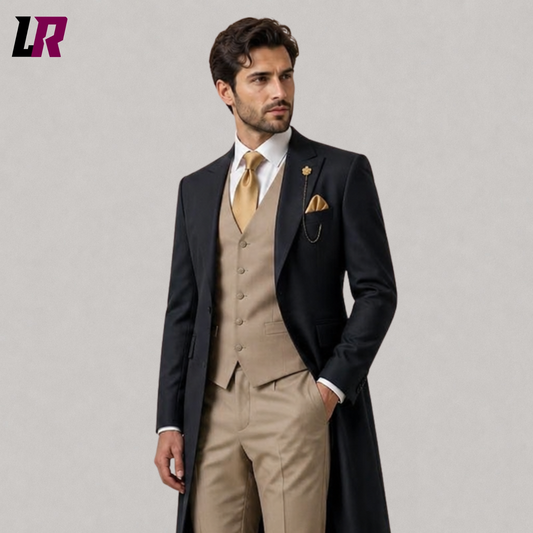 Close-up of men's charcoal Victorian tailcoat suit featuring premium tailoring and elegant formal detailing