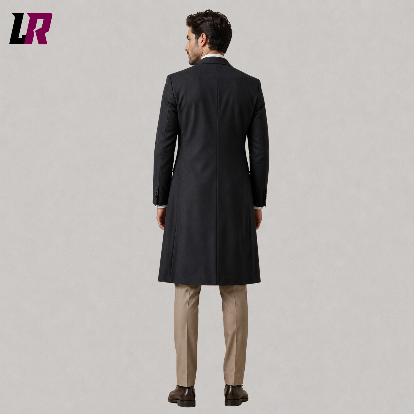 Back view of men's charcoal Victorian morning coat suit showing the elegant long tailored silhouette