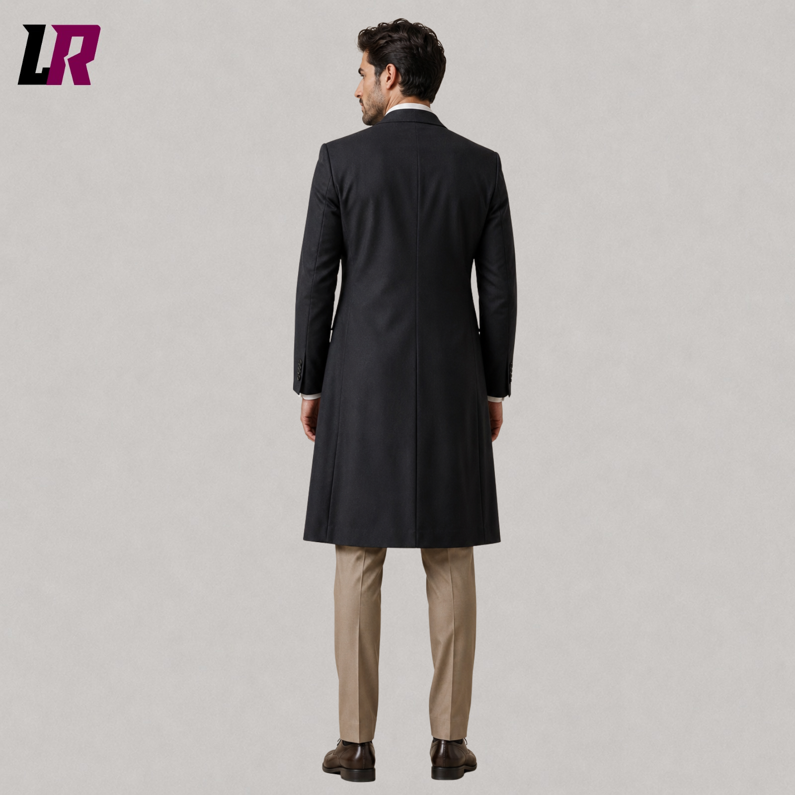 Back view of men's charcoal Victorian morning coat suit showing the elegant long tailored silhouette