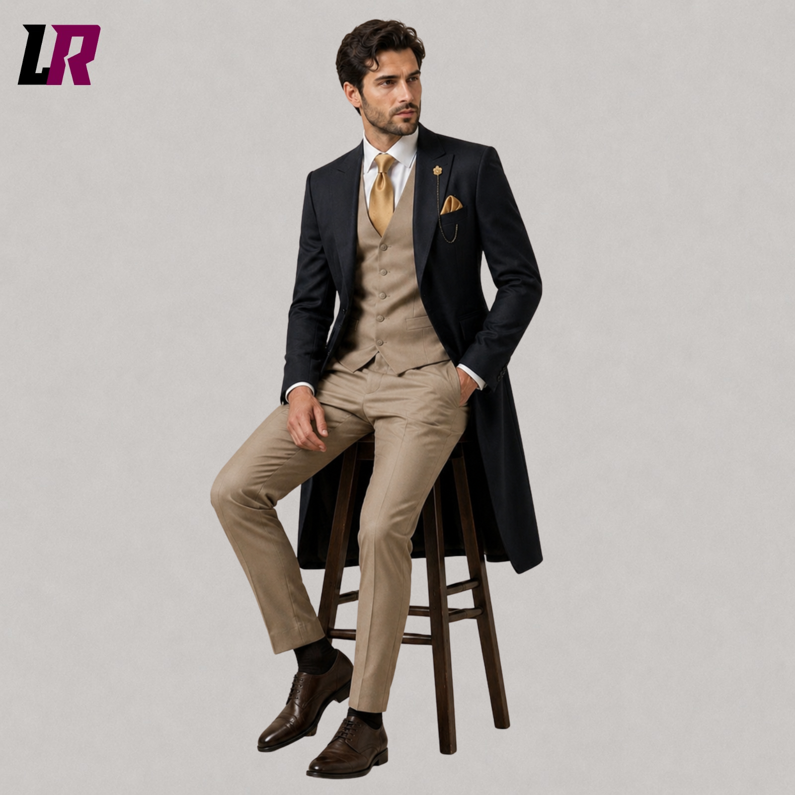 Man sitting on a stool wearing a charcoal Victorian Regency 3-piece tailcoat suit for weddings and formal occasions