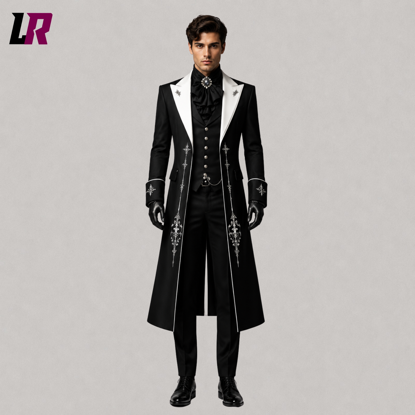 Front view of men's black embroidered Victorian Gothic 3-piece tailcoat suit with matching waistcoat and tailored trousers