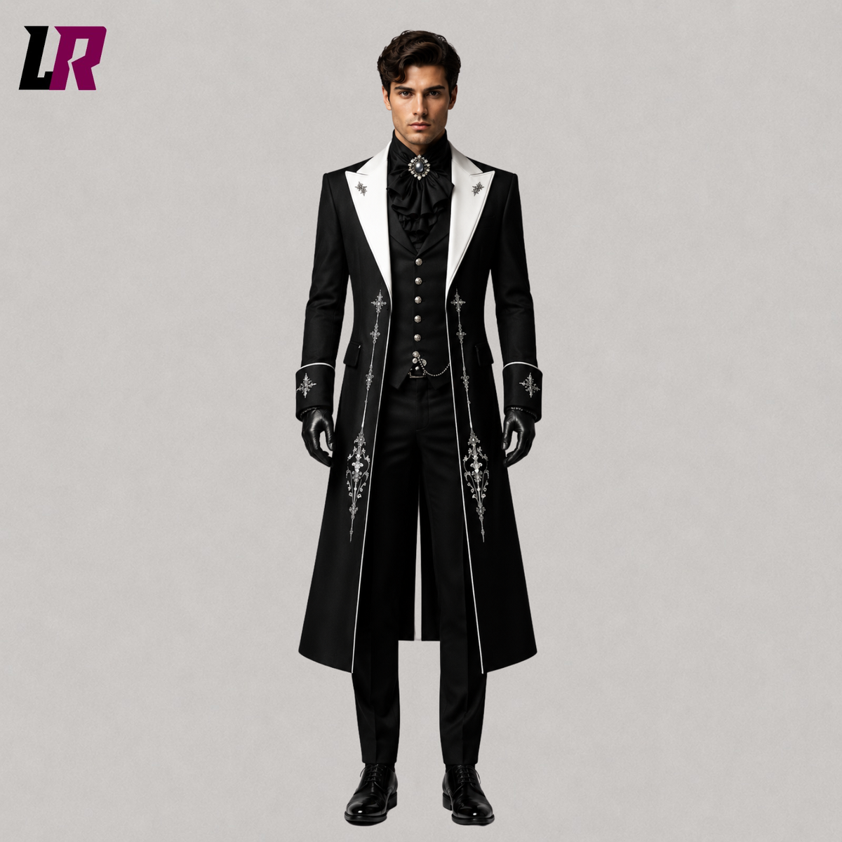 Front view of men's black embroidered Victorian Gothic 3-piece tailcoat suit with matching waistcoat and tailored trousers