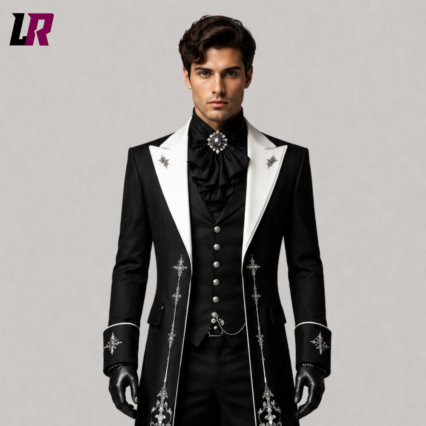 Close-up of men's black embroidered Victorian Gothic tailcoat suit featuring premium embroidery and luxury tailoring