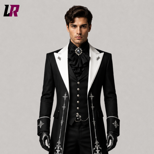 Close-up of men's black embroidered Victorian Gothic tailcoat suit featuring premium embroidery and luxury tailoring