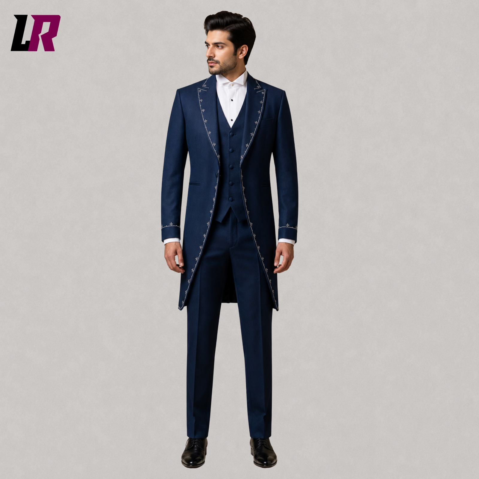 Front view of men's navy blue Victorian 3-piece frock coat suit with matching waistcoat and tailored trousers