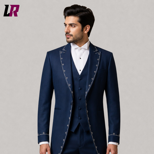 Close-up of men's navy blue Victorian frock coat suit featuring premium tailoring and elegant formal craftsmanship