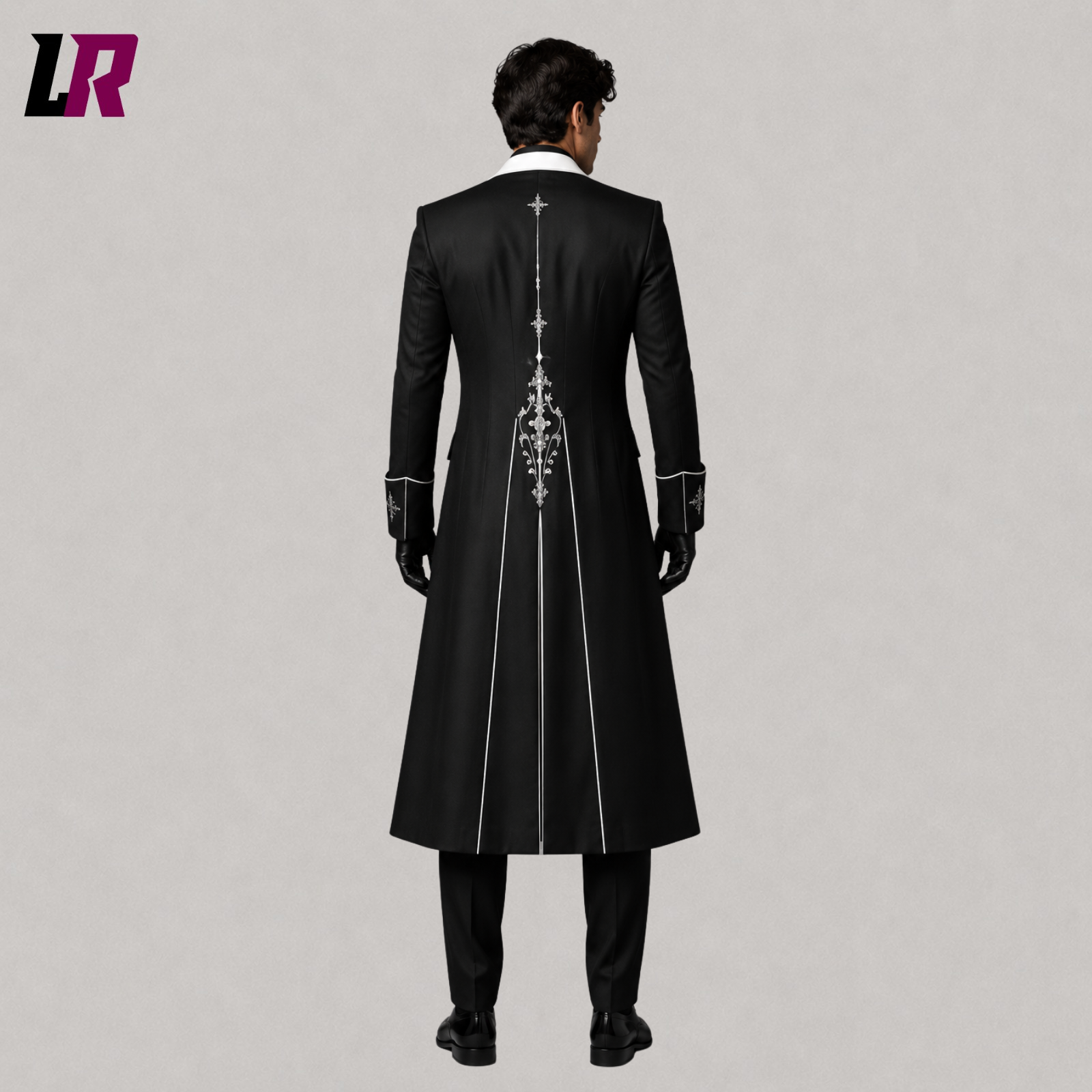 Back view of men's black embroidered Regency Victorian tailcoat suit showing the elegant long coat silhouette