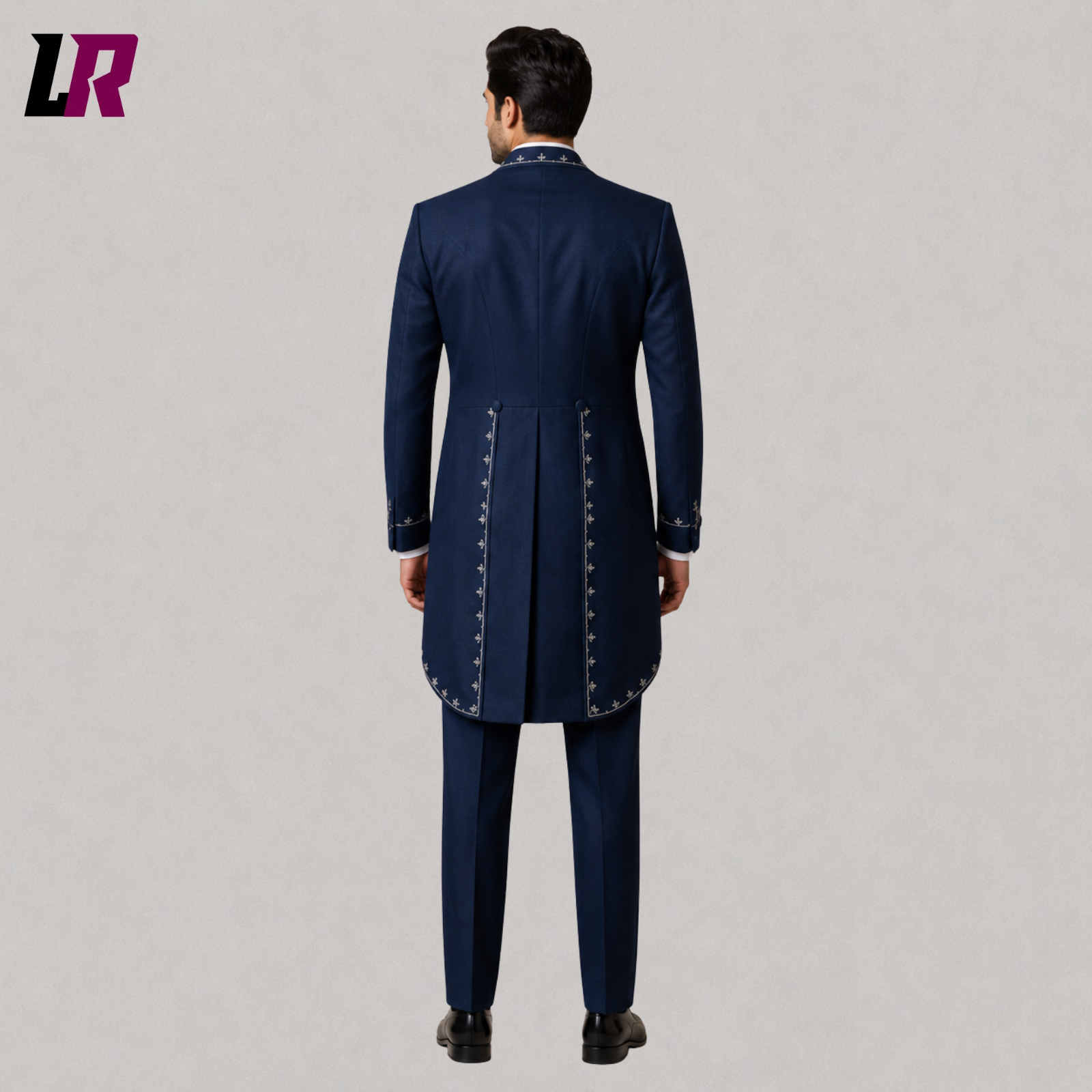 Back view of men's navy blue Victorian frock coat suit showing the elegant long tailored silhouette