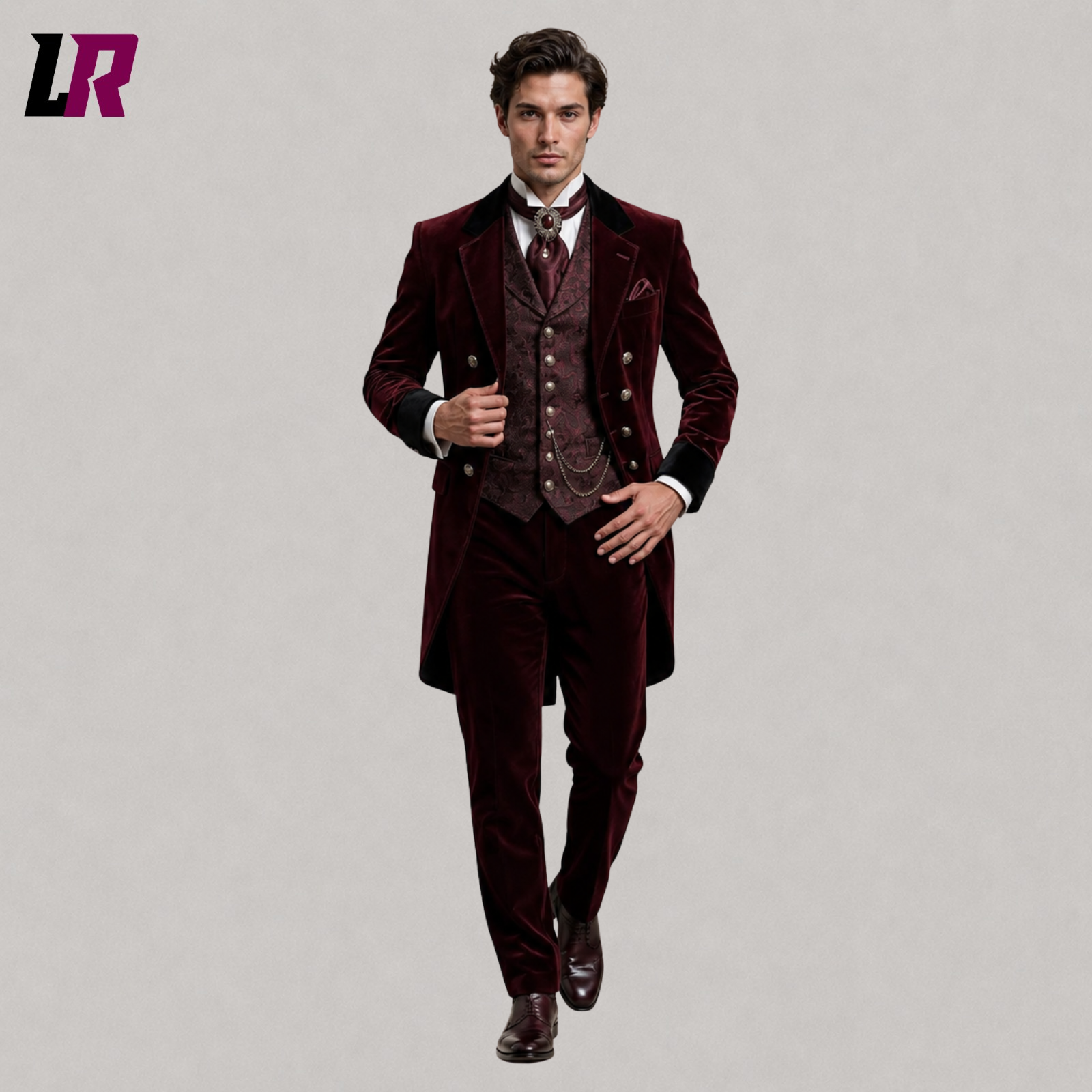 Front view of men's burgundy velvet Victorian Gothic 3-piece tailcoat suit with matching waistcoat and tailored trousers