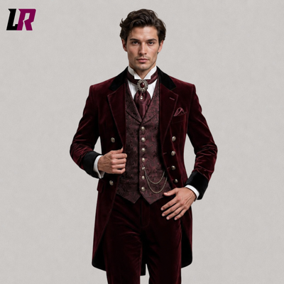Men's Burgundy Velvet Tailcoat Suit | Victorian Gothic 3 Piece Wedding Suit
