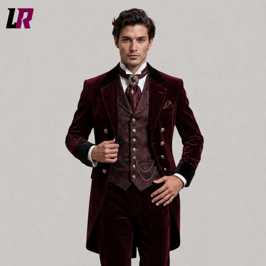 Close-up of men's burgundy velvet Victorian tailcoat suit featuring luxurious velvet fabric and premium handcrafted tailoring
