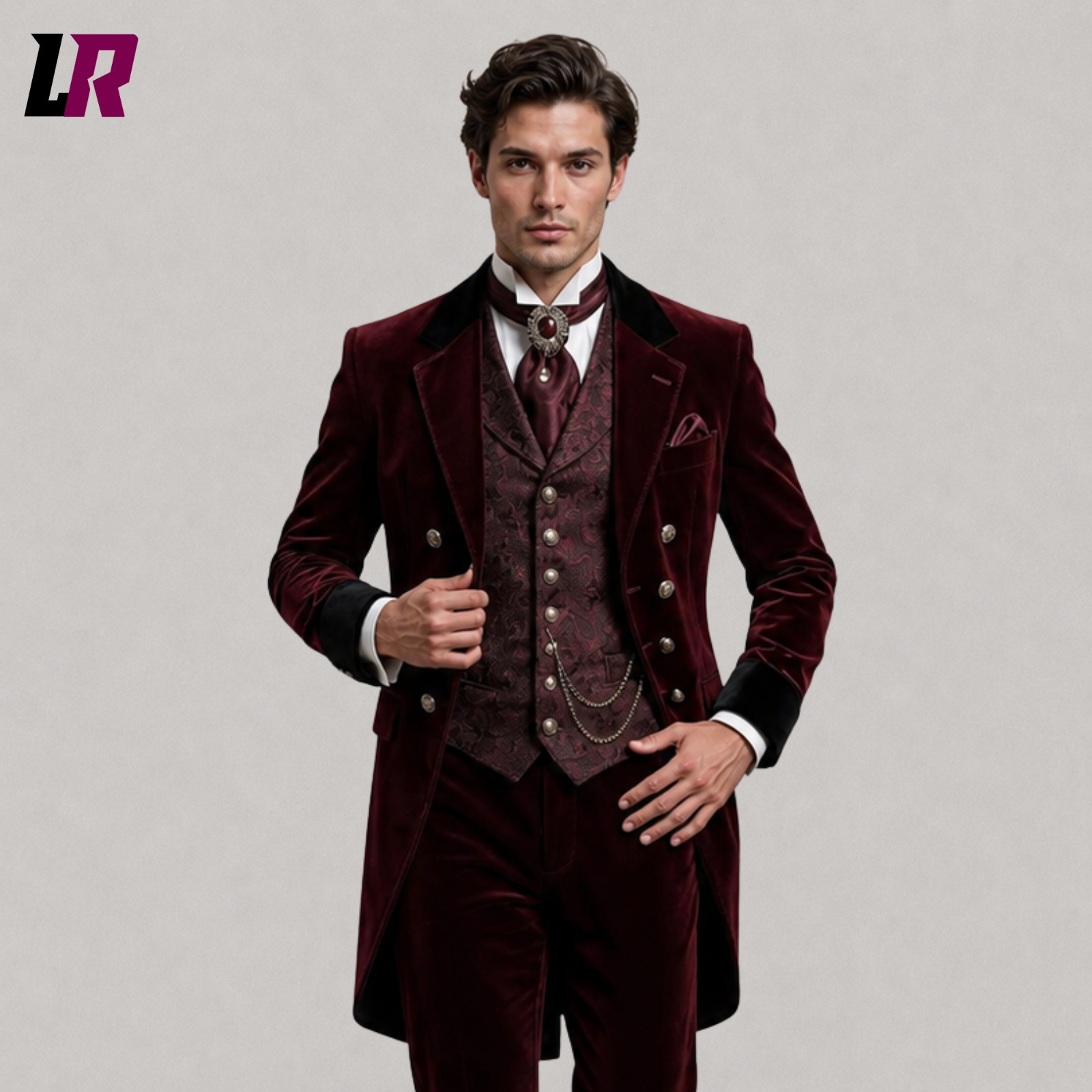 Close-up of men's burgundy velvet Victorian tailcoat suit featuring luxurious velvet fabric and premium handcrafted tailoring