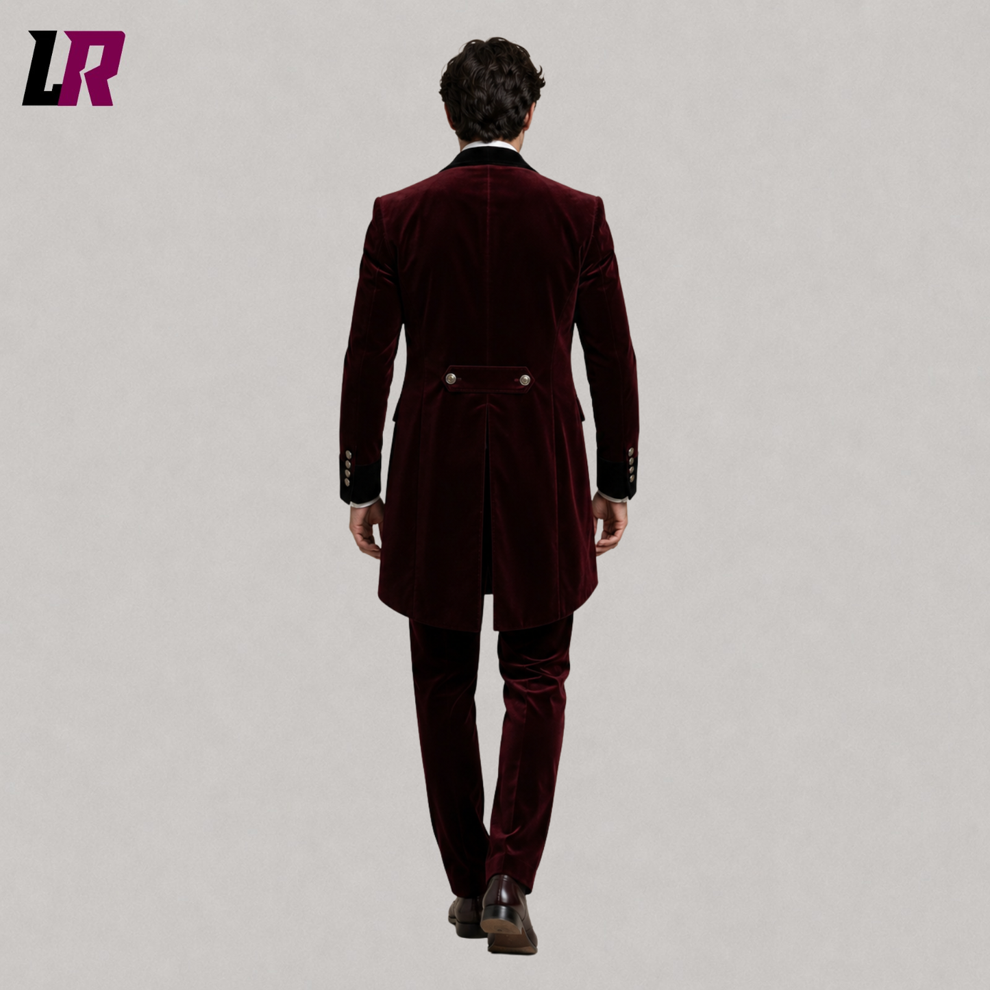 Back view of men's burgundy velvet Victorian frock coat suit showing the elegant long tailored silhouette