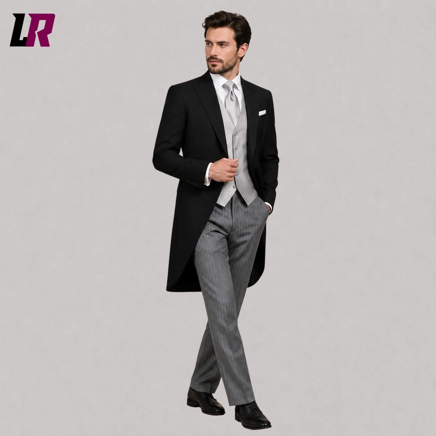 Front view of men's black morning suit with traditional tailcoat, matching waistcoat, and grey striped formal trousers
