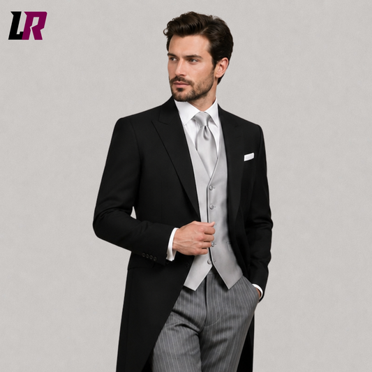 Close-up of men's black traditional morning suit featuring premium tailoring, elegant lapels, and handcrafted formal detailing