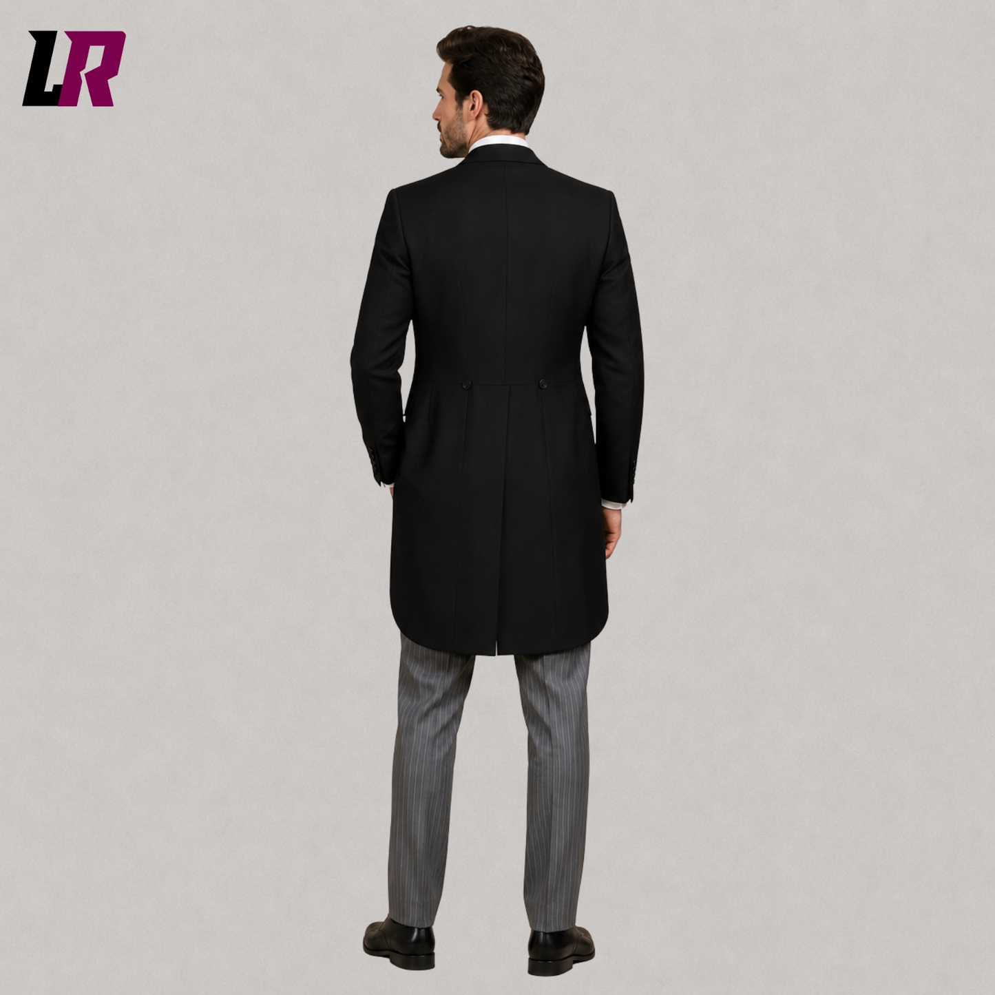 Back view of men's black bespoke morning coat showing the elegant long-tail silhouette and tailored fit
