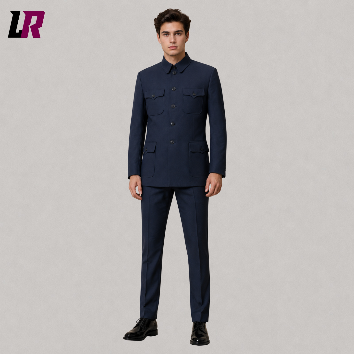 Front view of men's navy blue Mandarin collar formal tunic suit with military-inspired tailored jacket and matching trousers
