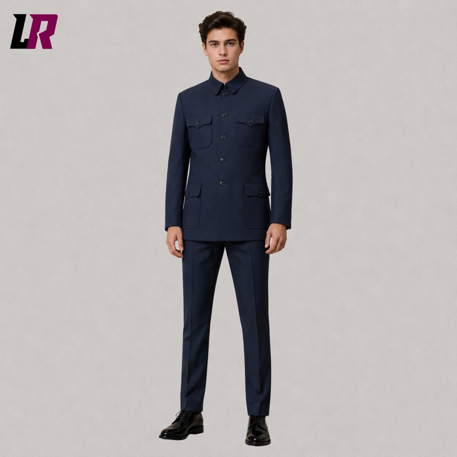 Front view of men's navy blue Mandarin collar formal tunic suit with military-inspired tailored jacket and matching trousers