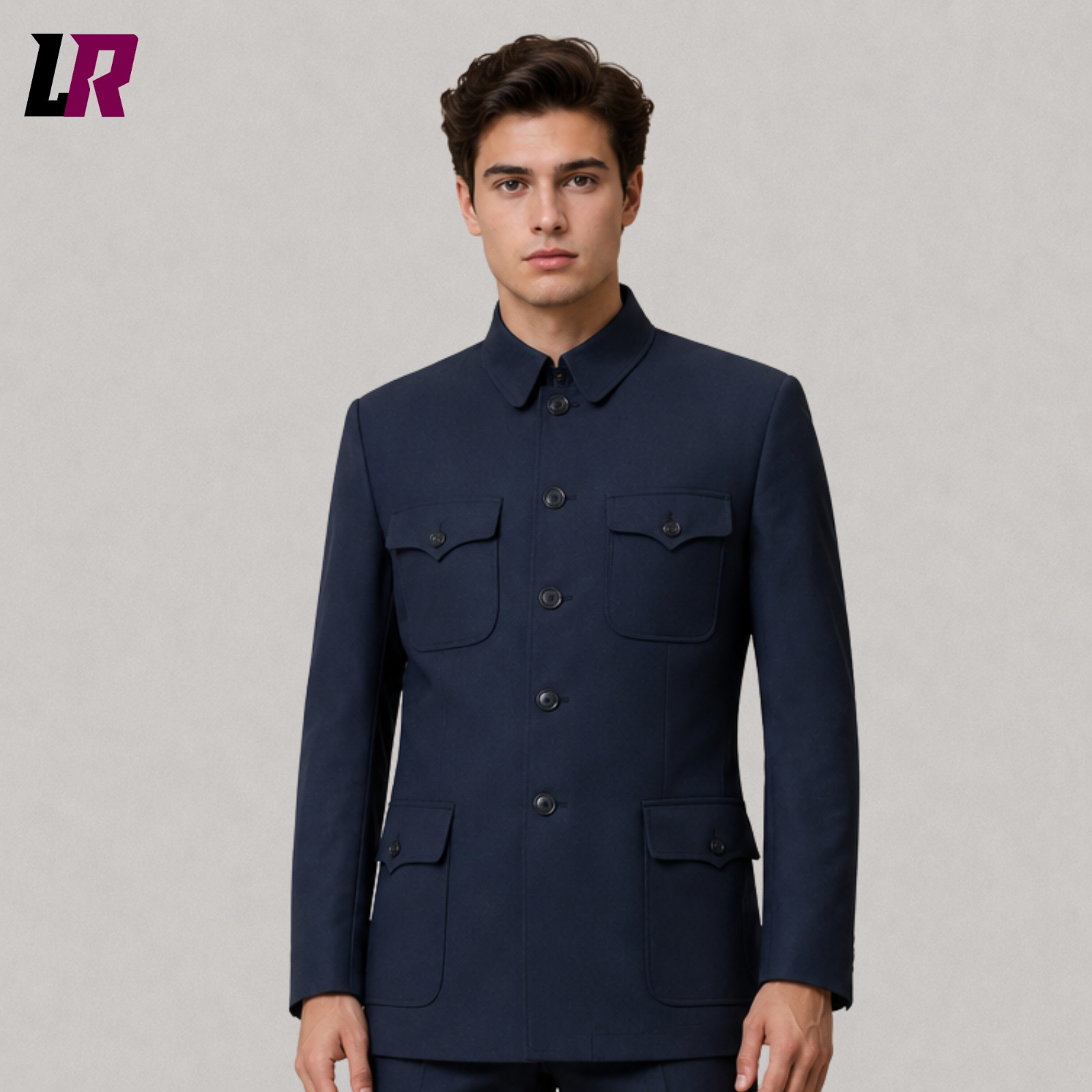 Close-up of men's navy blue Mandarin collar military tunic suit featuring premium tailoring and elegant button detailing